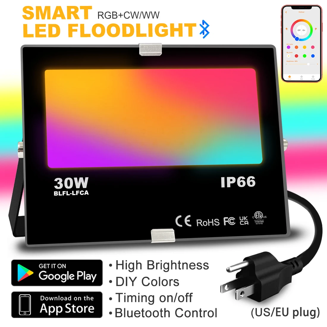 Smart Floodlight 30W Color Change LED Outdoor Garden Flood Light IP66 Waterproof Bluetooth Compatible APP Control RGB Spotlights