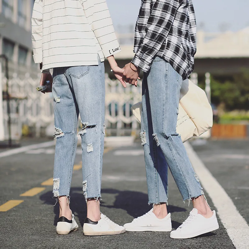 

Spring Autumn 2022new Teenagers Student Men's Ripped Jeans Korean Slim Ankle Length Feet Trend Light-colored Beggar Casual Pants