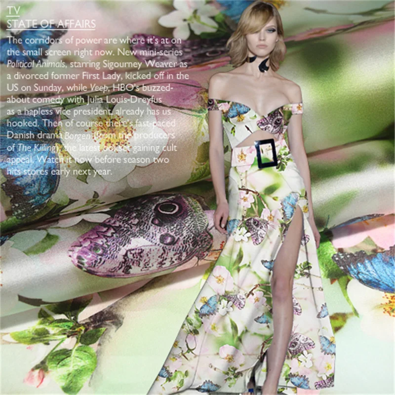 

135cm Width Silk Augen Satin Luxury Digital Printing Custom Butterfly Flying Fabric