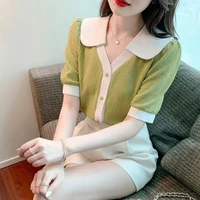 sweet v neck spliced short sleeve button oversized chiffon shirt summer casual tops loose elegant female clothing commute blouse