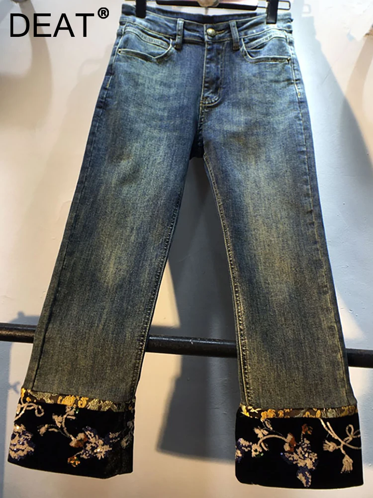 

Женские джинсы с высокой талией DEAT, бархатные брюки до щиколотки с цветочной вышивкой и блестками в стиле пэчворк, осень 2023