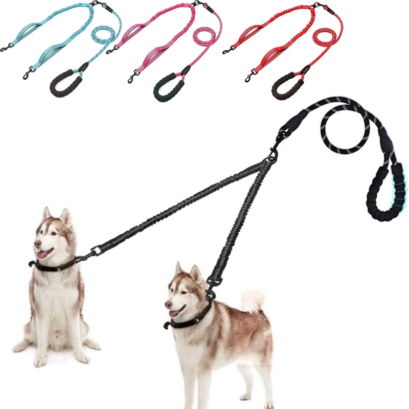 

2 Way Coupler Pet Leash Rope Elastic Extended No Tangle Dual Dog Puppy Leash Strong Reflective for Double Twin Small Medium Dogs