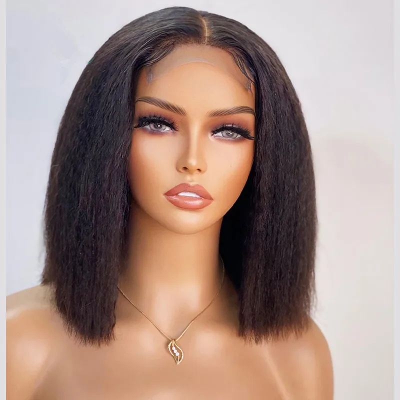 

Natural Black 14 Inch Short Bob wig Kinky Straight Yaki Lace Front Wig 180% Density For Black Women With Baby Hair Glueless Wig