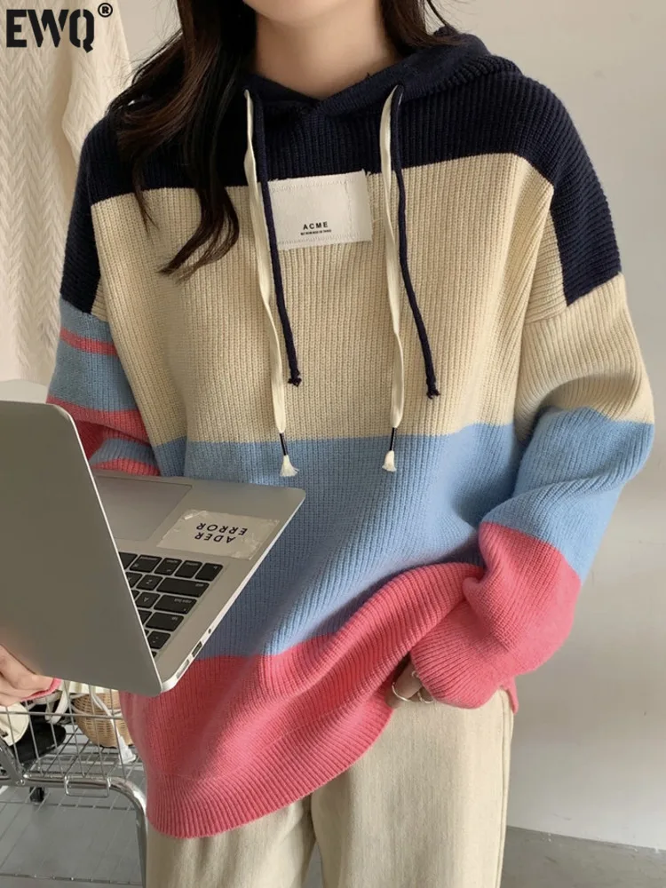 

Женский свитер в контрастную полоску [EWQ], толстый Свободный пуловер с капюшоном и длинным рукавом, топ, новинка сезона осень-зима 2023, 16U5038