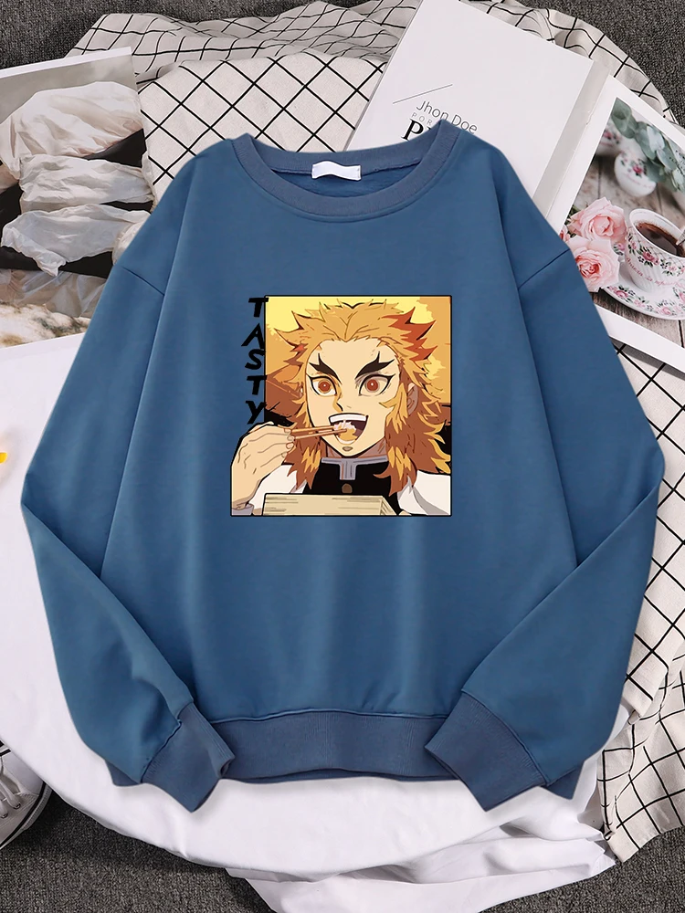 

Demon Slayer Rengoku Kyoujurou Eat Tasty Food Women Hoody Oversize Pullover Loose Simple Sweatwear School Simple Female Sweats