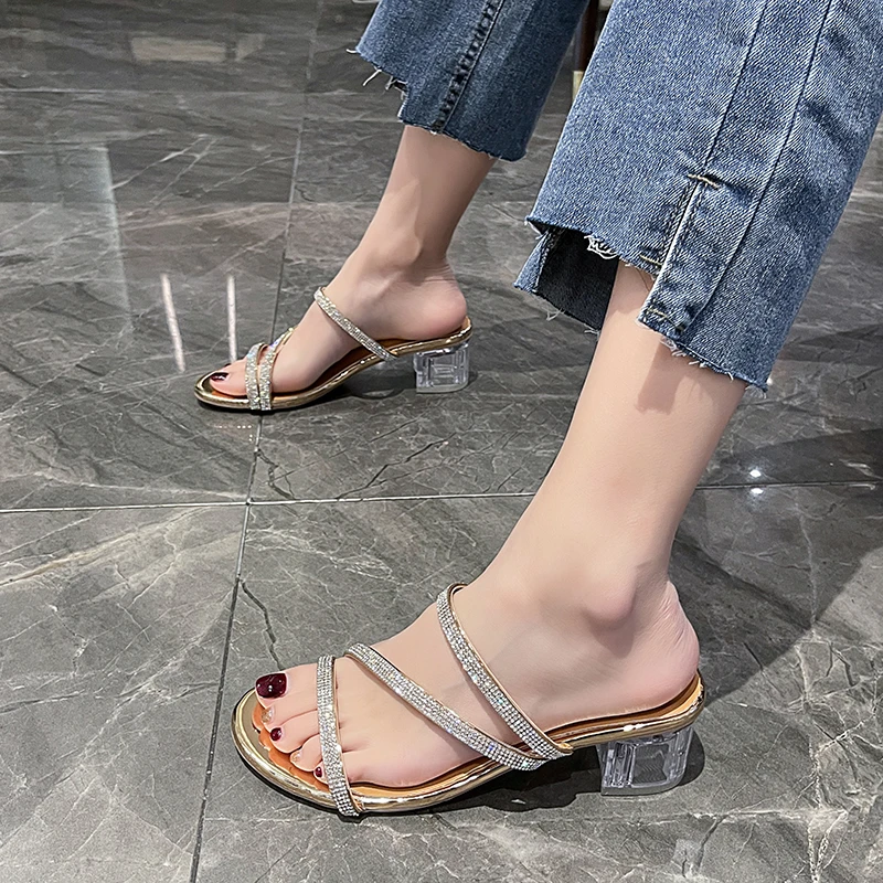 

Bling Crystal Sexy Peep Toe Women Sandals Round Transparent Clear Heel Gladiator Slip-On Stiletto Wedding RhineStone Shoes 2023
