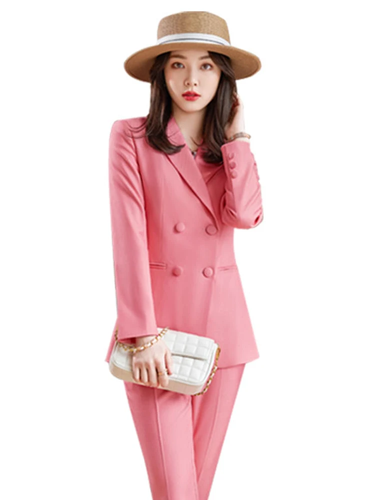 Two Piece Pink Pants Suit Lady Office Clothing For Woman