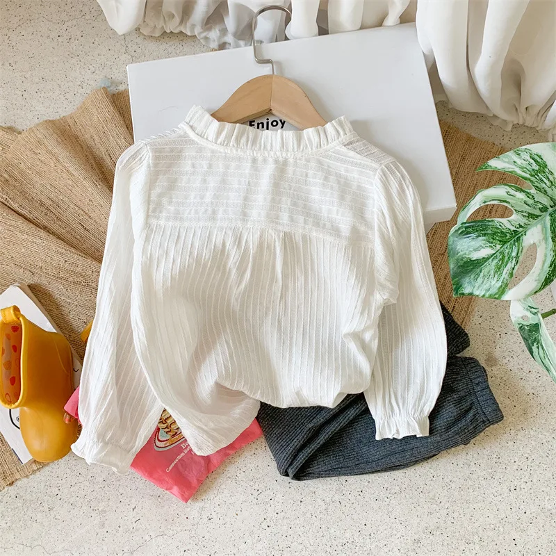 

Baby Girl Sweet Ruffle White Blouse Autumn Cotton Stand Collar Shirt Long Sleeve Toddler Shirt Children's Toddler Elegant Blouse
