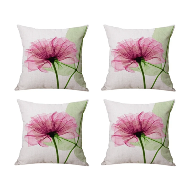 

4Pcs 45X45cm Modern Ink Painting Flower Flax Throw Pillow Case Waist Cushion Cover Pink And Green