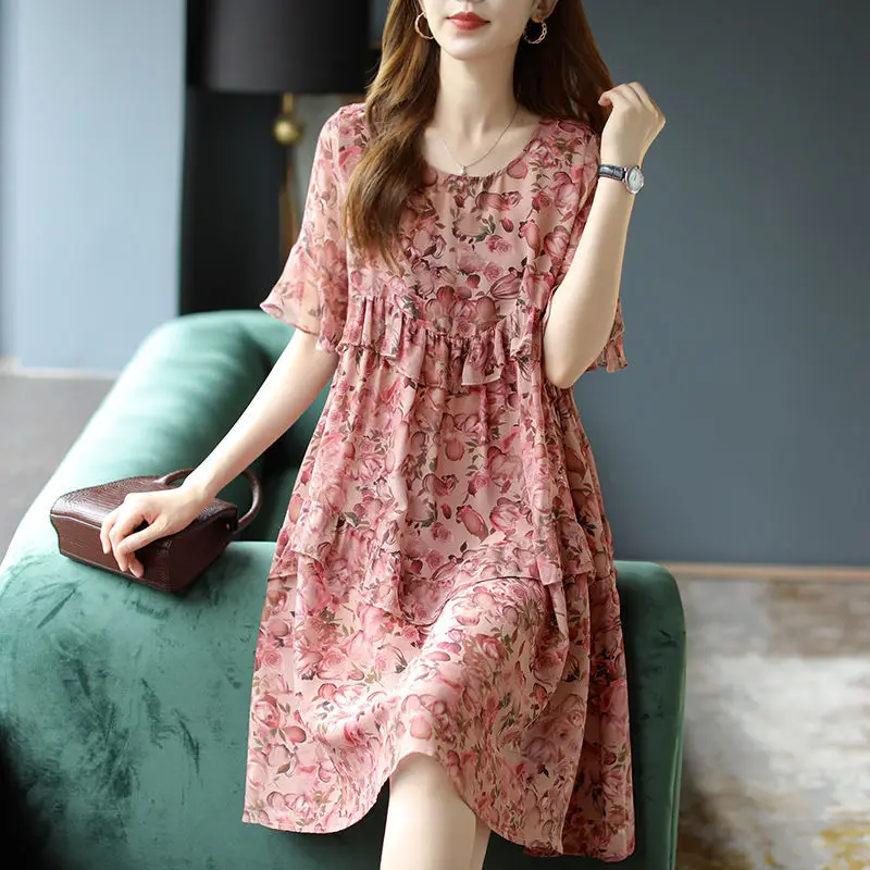 

Floral ruffled mid-length chiffon dress women's summer new Korean loose round neck flared sleeve A-line Casual Straight