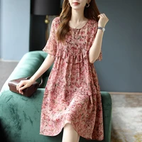 floral ruffled mid length chiffon dress womens summer new korean loose round neck flared sleeve a line casual straight