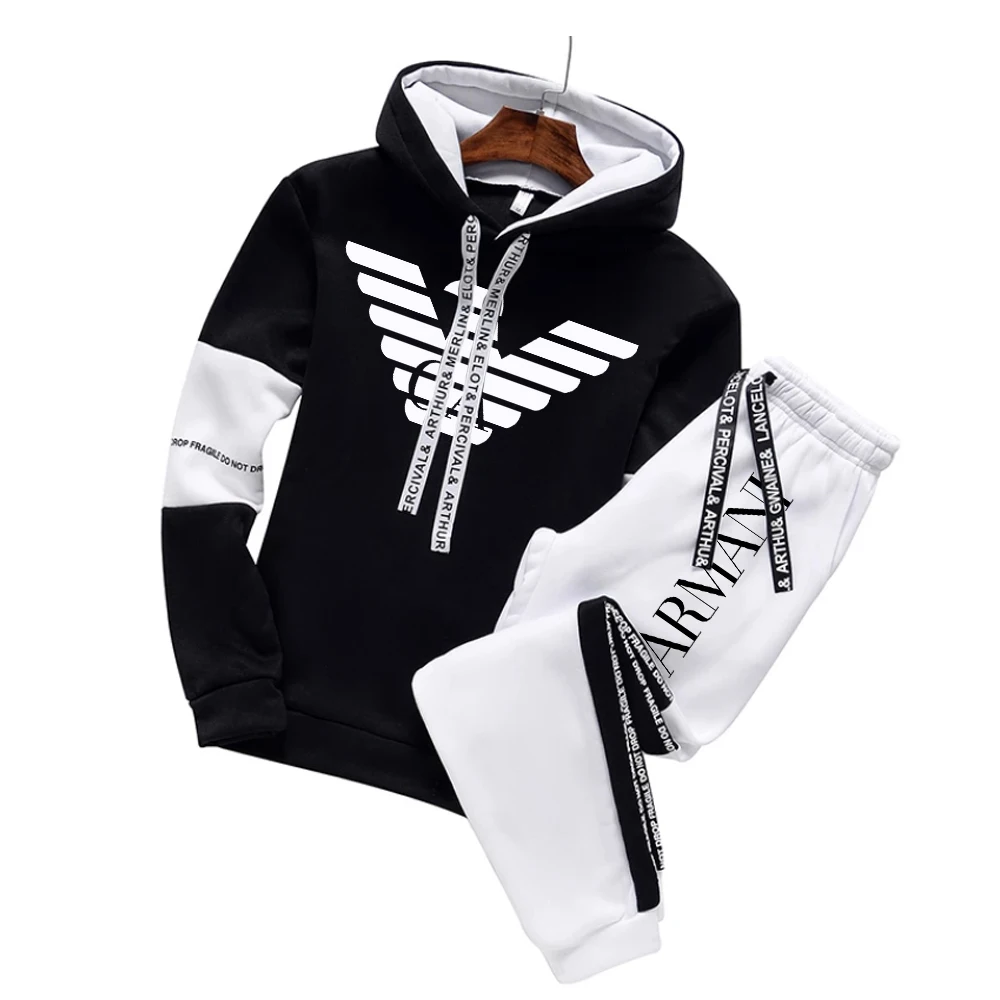 

Luxury Men's Hooded Tracksuit Letter Black White Color Matching Hoodies + Sweatpants 2 Pcs Set Outdoor Sportwear Leisure Suit