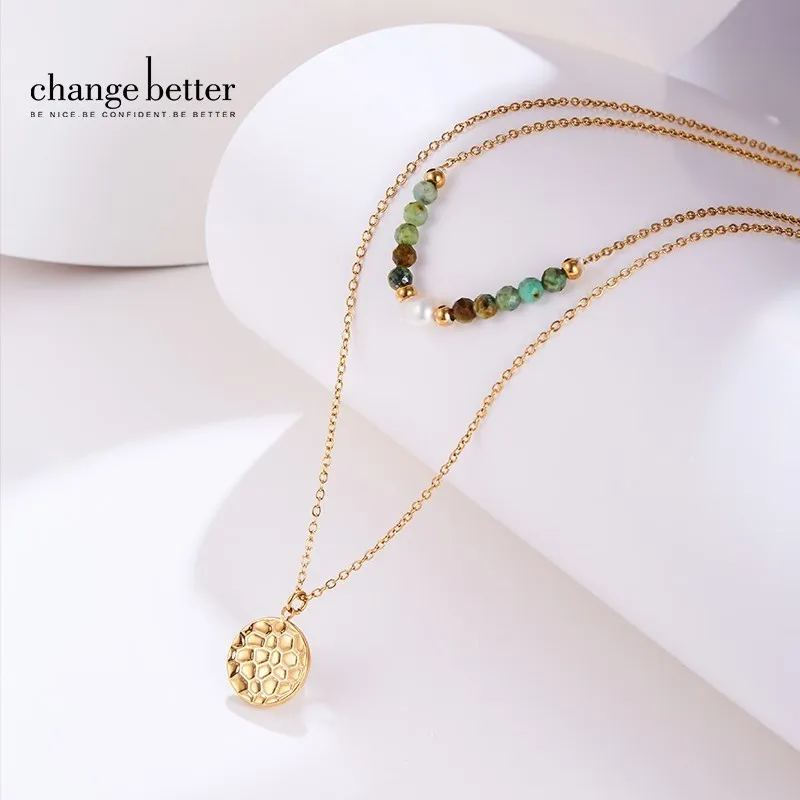 

CHANGE BETTER Premium Semi-precious Natural Pearl&African Turquoise Double Layer Stainless Steel Necklace Pendants Women Jewelry