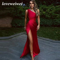 loveweiwei sexy red one shoulder long mermaid evening dresses sleeveless soft satin side split prom gowns formal party custom