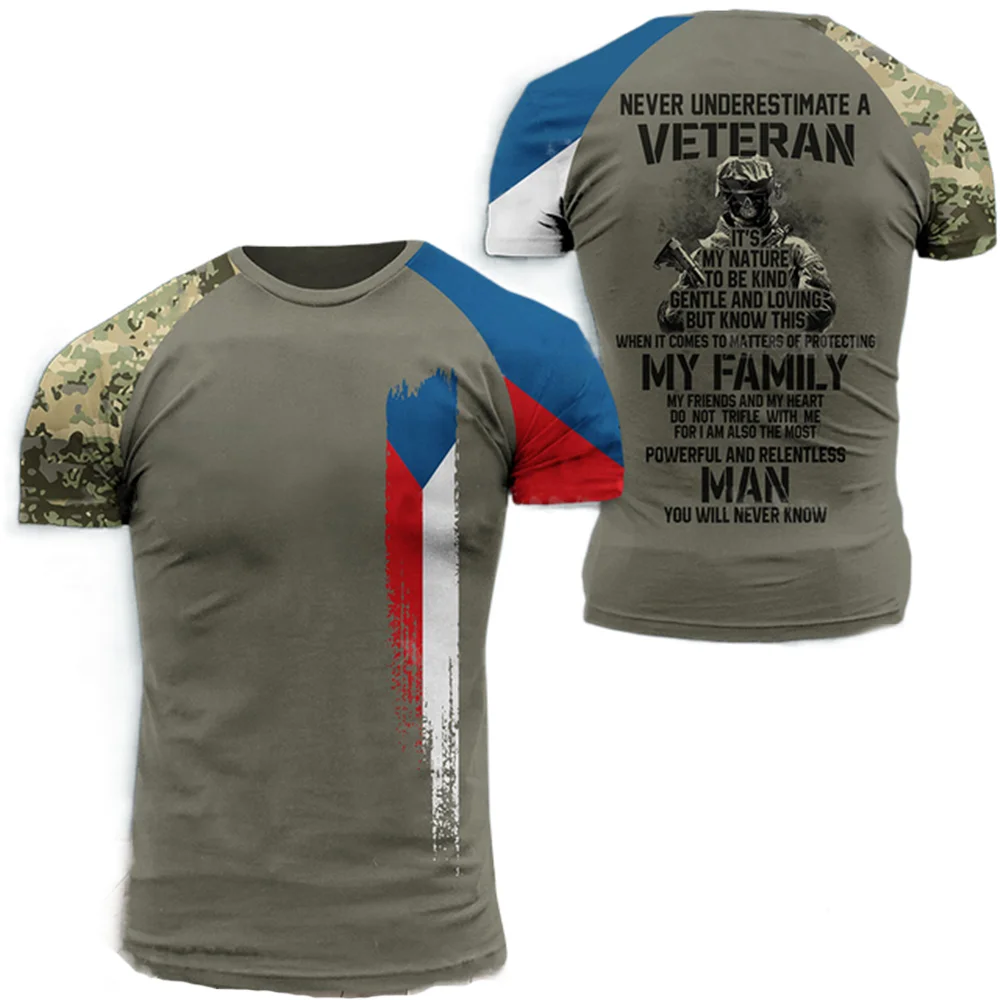 

Men's Veterans Flag Print Men's T-shirt Plus Size Clothing Round Neck Casual Top T-shirt Short Sleeve Czech Army Camo T-shirt