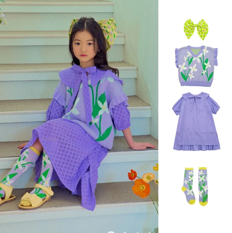 

Girls' Dresses Summer New Bubble Sleeve Children's Dresses Cotton Fashion Girls' Knitted Vest Bow Hairpin Children's Clothing