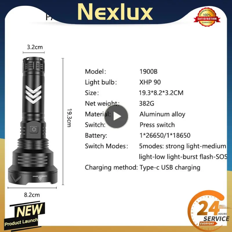 

XHP90 LED Flashlight Ultra Bright Waterproof Torch Lights USB Charging Long-range Flashlight Display Battery Portable lighting