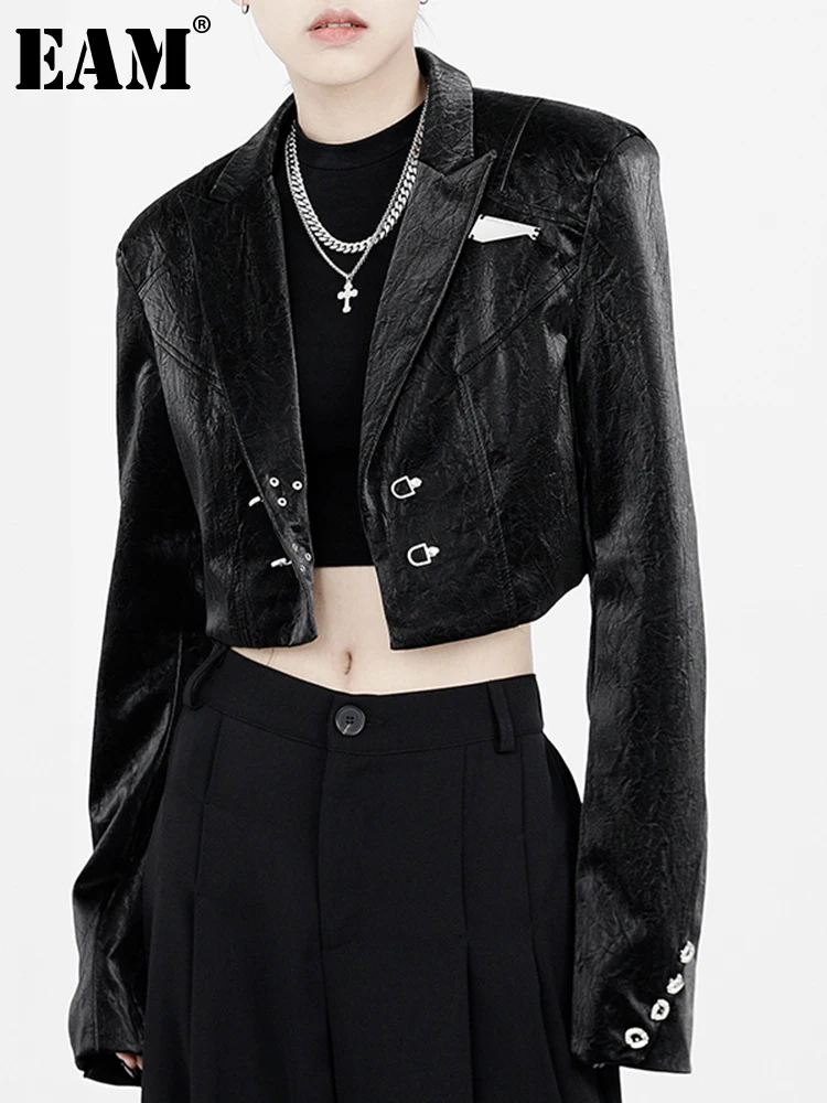 

[EAM] Loose Fit black leather casual short Jacket New Lapel Long Sleeve Women Coat Fashion Tide Spring Autumn 2022 1DE6853