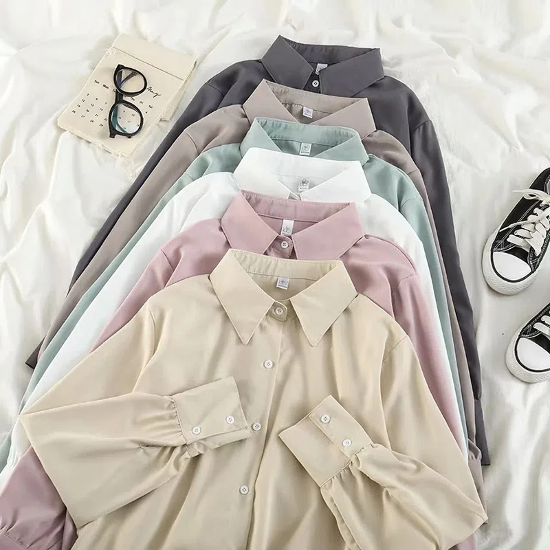 

Gidyq Women Chiffon Shirts Female Korean Fashion Loose Long Sleeve Tops Casual Office Ladies All Match Solid Shirts New