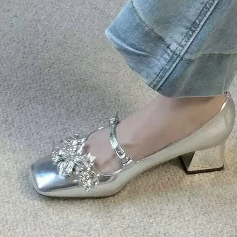 Туфли Мэри Джейн с кристаллами и квадратным носком женские сандалии на высоком
