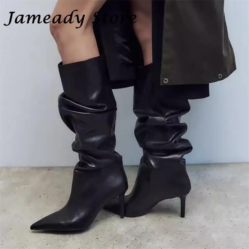 

Pointed Toe Pleated High Heel Modern Boots Fashion Punk Style Thin Heel Knee High Knight Boots Female Large Size All Match Shoes