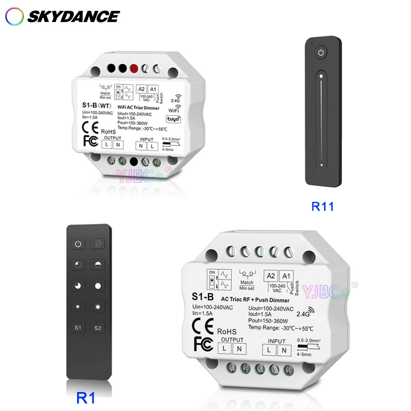 S1-B WT Wifi Led Triac RF Dimmer R1/R11 Remote 2.4G Wireless 1.5A 150W-360W Push LED Switch Controller AC 110V-220V on - Беспроводной контроллер светодиодных ламп S1-B WT Wifi Led Triac RF Dimmer R1/R11 с пультом ДУ на 2,4 ГГц, регулирующий яркость от 150