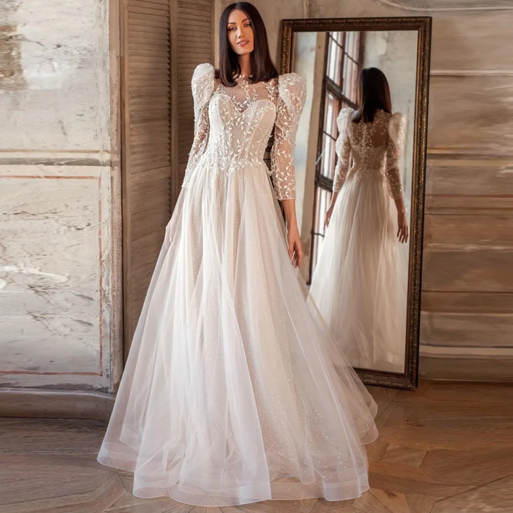 

Stunning Lace Beach Wedding Dresse 3/4 Long Sleeves Beaded Sequin A Line Bridal Gowns Illusion Dot Net Robe De Mariée