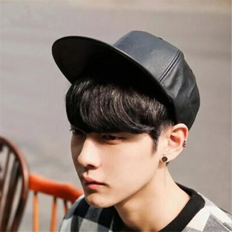 

Black PU Leather Baseball Cap Casual Unisex Buckle Hip Hop Rap 5 Panel Sun Hat Men Ladies
