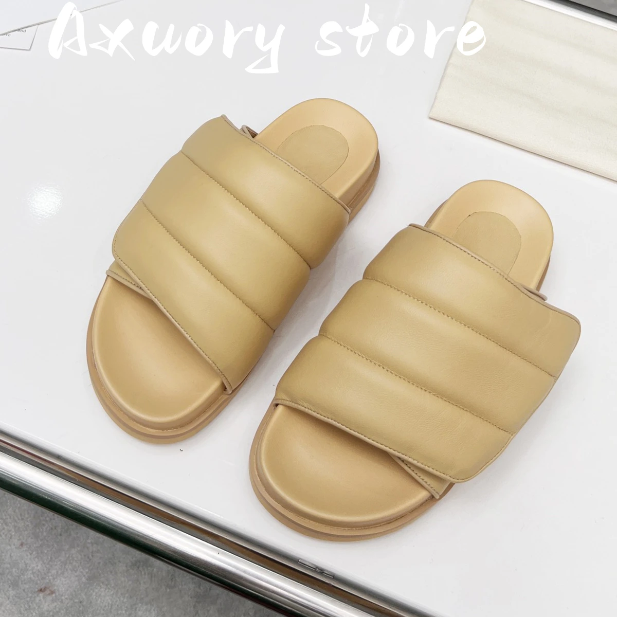 New Woman Slipper Open Toe Thick Sole Beach Mule Comfort Padded Flat Apricot Black Slide Leisure Slippers