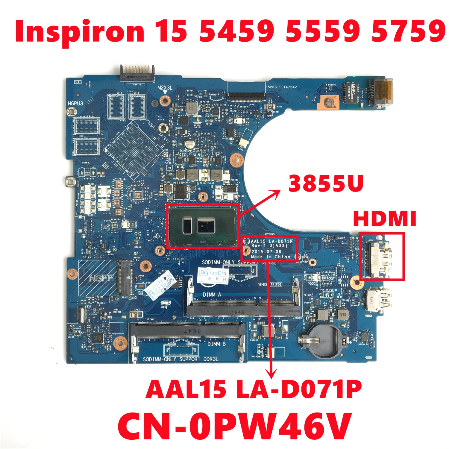 Фонарь 0PW46V PW46V для dell Inspiron 15 5559 5459 5759 Материнская плата ноутбука фонарь с SR2EV 3855U HDMI