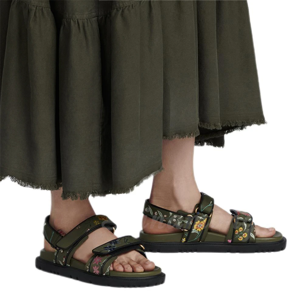 Multicolor Floral Embroidered Sandals Technical Fabric Leather Summer Shoes for Ladies Luxury Handmade Flats Sandals New in Sale
