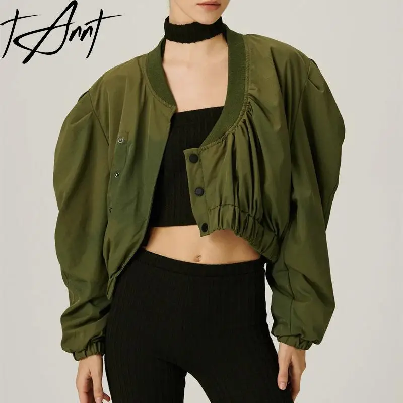 

Tannt Women Coat Asymmetry Puff Sleeve Short Baseball Jacket Coats Irregular Green Black Fashion Casual Short Jackets Women