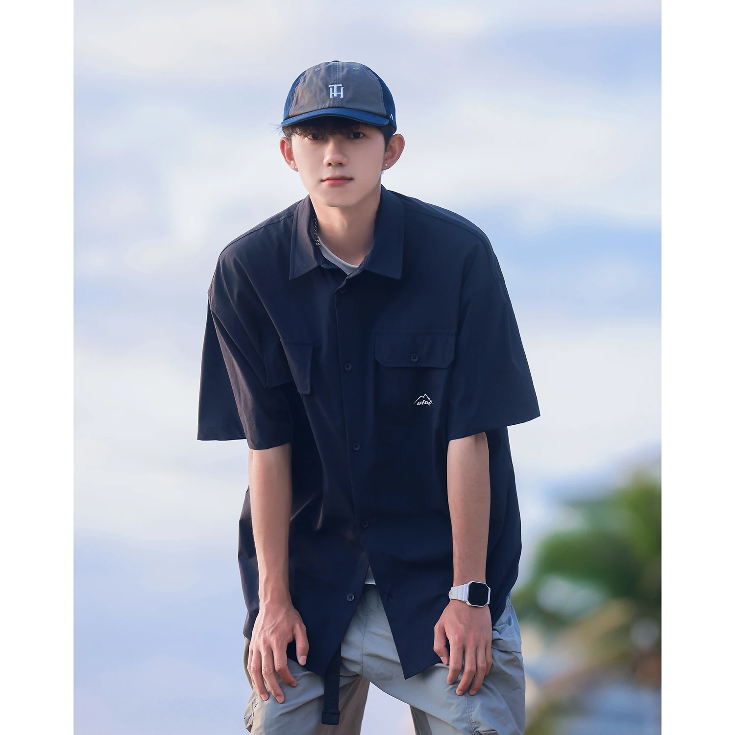 Japan fashion Navy Blue Ciboy Cargo Shirts Men's Summer Short sleeve Sunny Clean Wear American Shirt