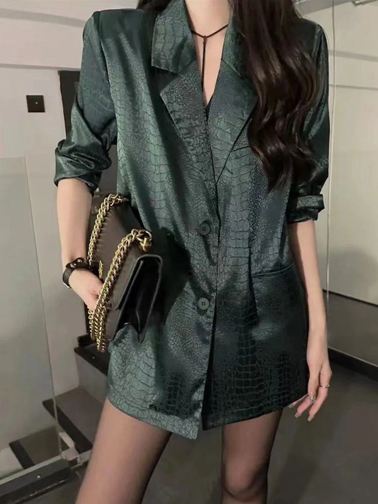 Luxury Brands Spring Summer Thin Blazer Long Sleeve Black Suit Chic Korean Office Ladies Crocodile Print Shirt High-end Suit Top