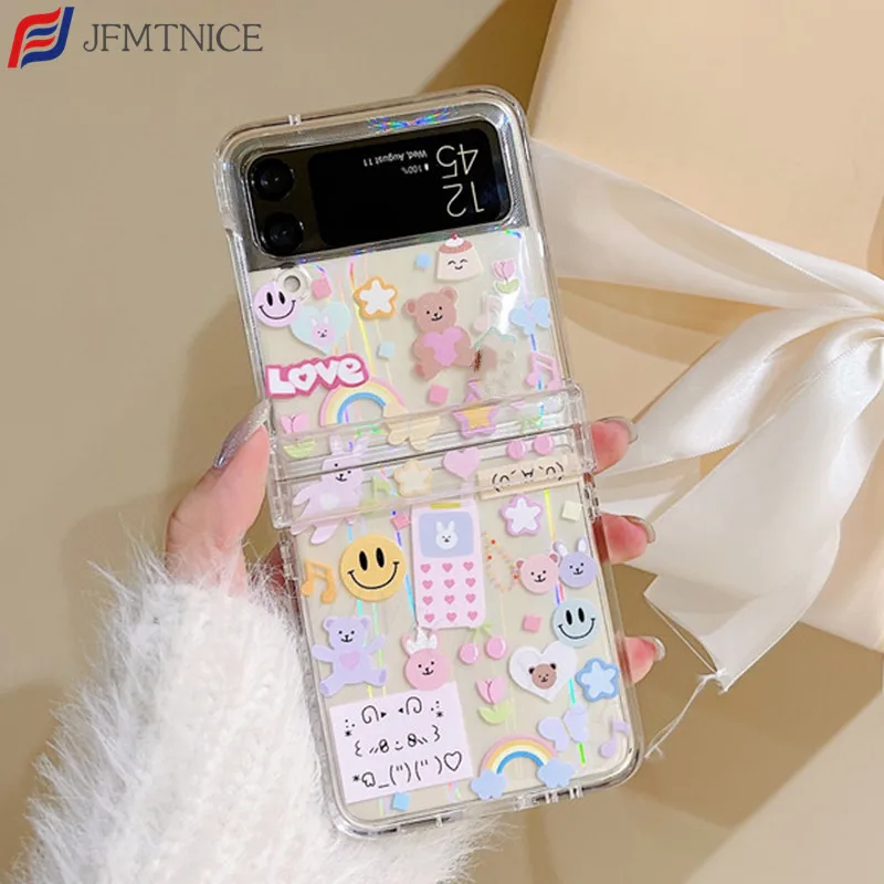 

Cute Cartoon Bear Clear Hard PC Armor Hinge 360 Protect Phoen Case for Samsung Galalxy Z Flip 3 5G Z Flip4 Z3 Coque Funda