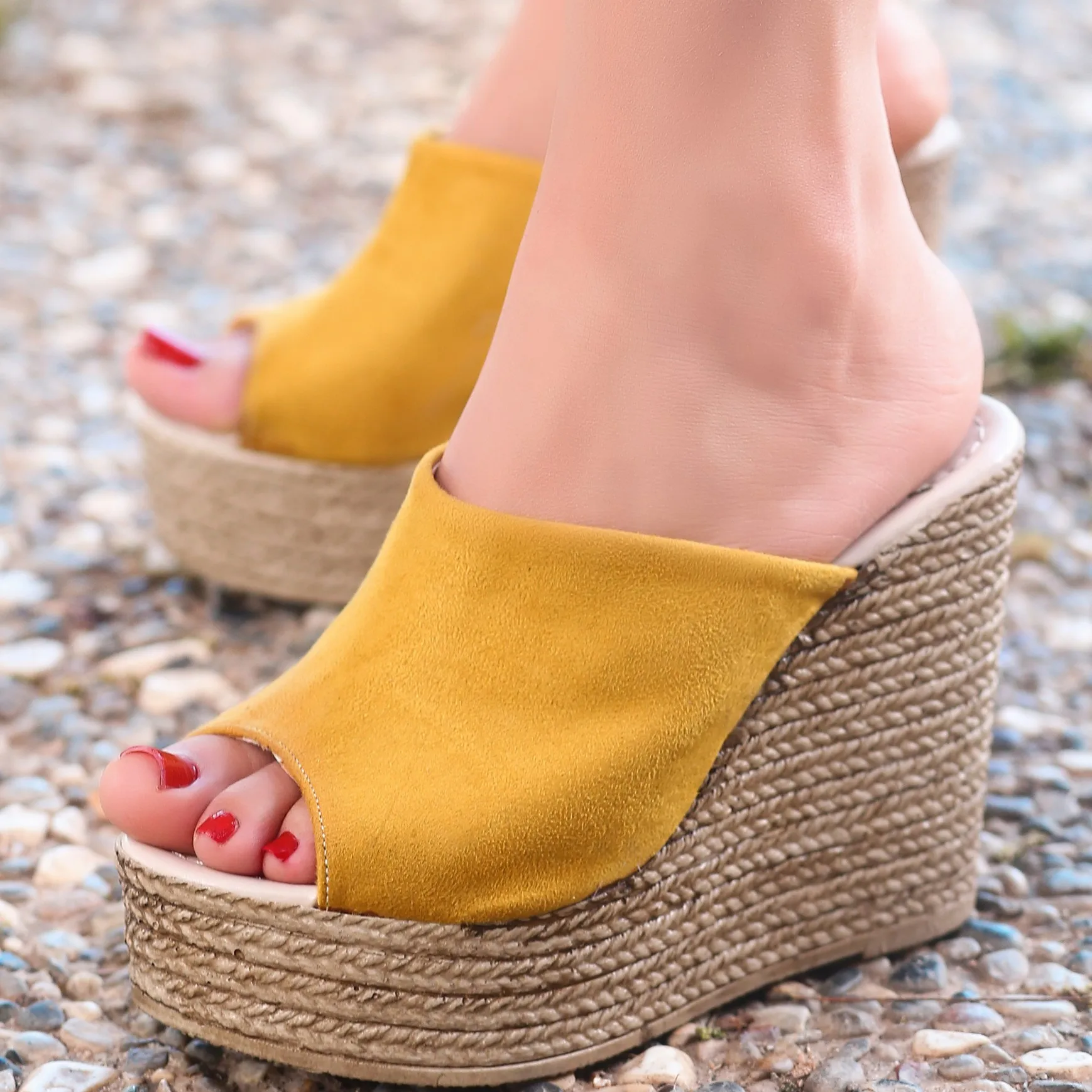 

BveA Store Fashion Summer For Women Design Sexy Handy Sandals Jannifer Mustard Suede Filling Heel Slippers