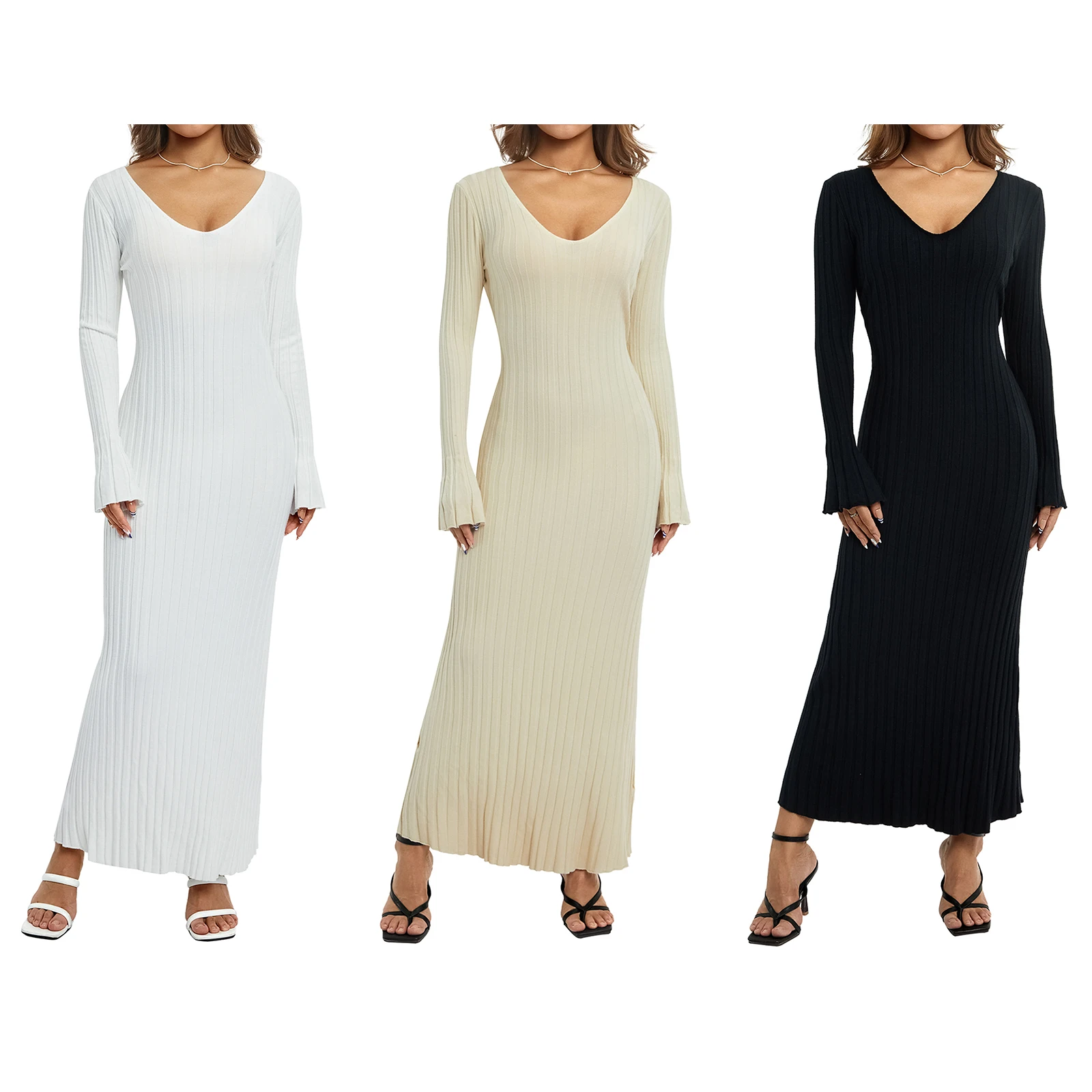 

Women Knitting Dress, Long Sleeve V-Neck Solid Color Street Club Party Slim Long Dress, White/Beige/Black