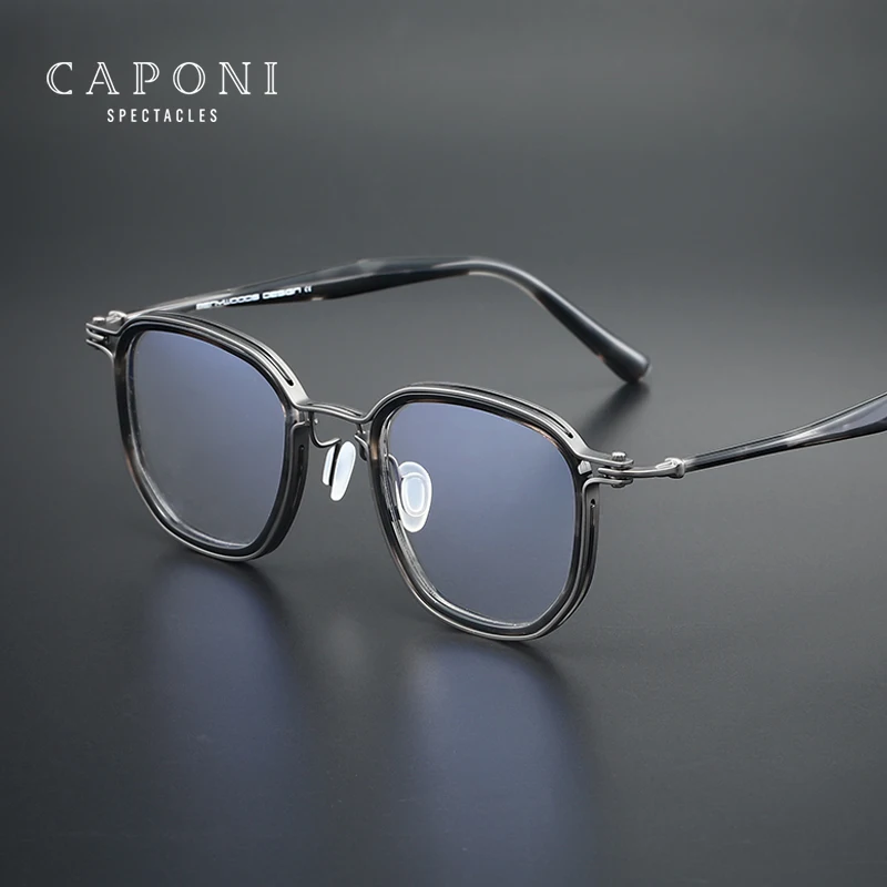 CAPONI Vintage Style Men's Glasses Frame Pure Titanium Acetate Eyeglasses Blue Light Blocking UV400 Protection Spectacles JF5865