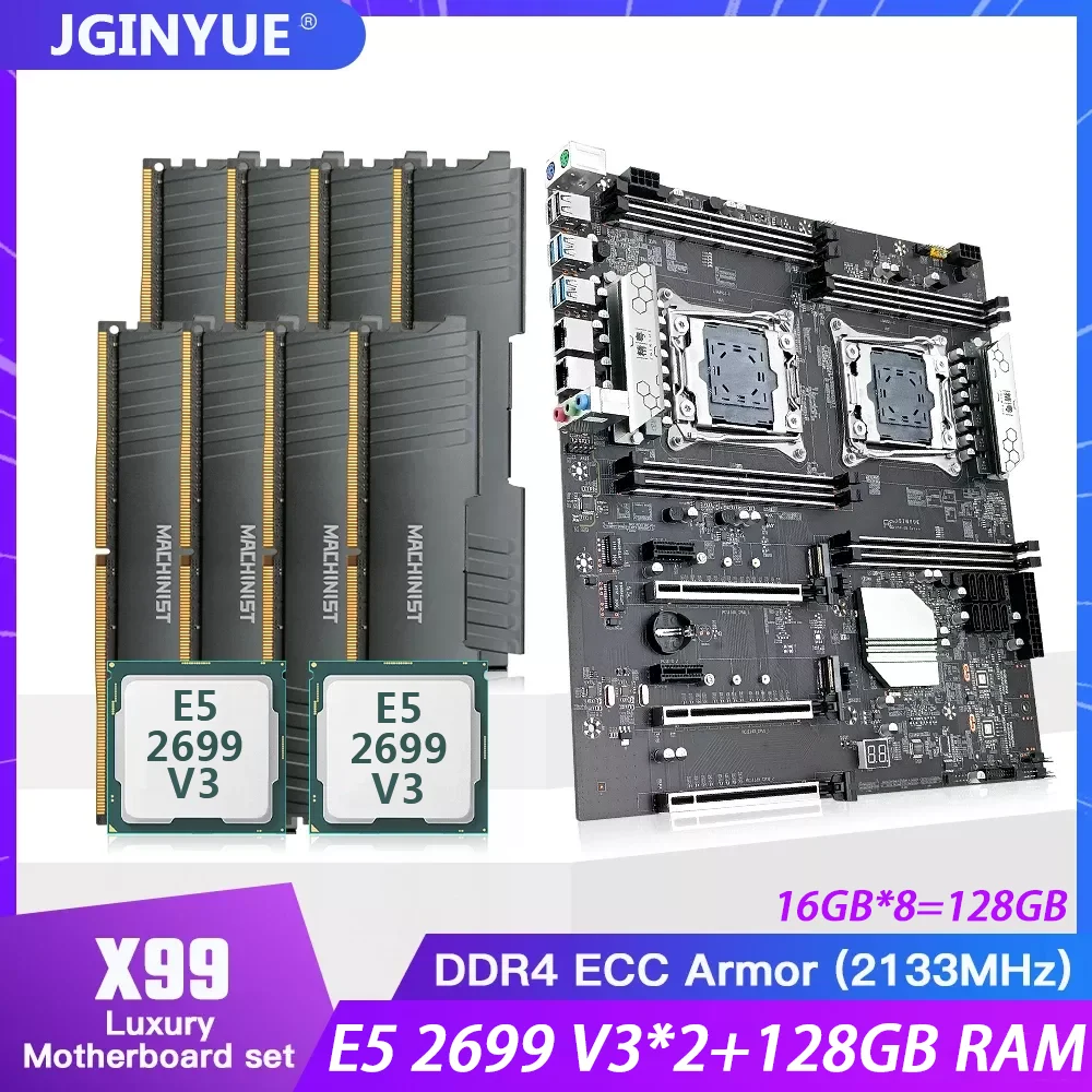 Материнская плата JGINYUE X99-D8 LGA 2011-3, комплект для двух процессоров с процессором Xeon E5 2699 V3 * 2, 128 ГБ = 16 Гб * 8 DDR4 ECC ОЗУ, восемь каналов