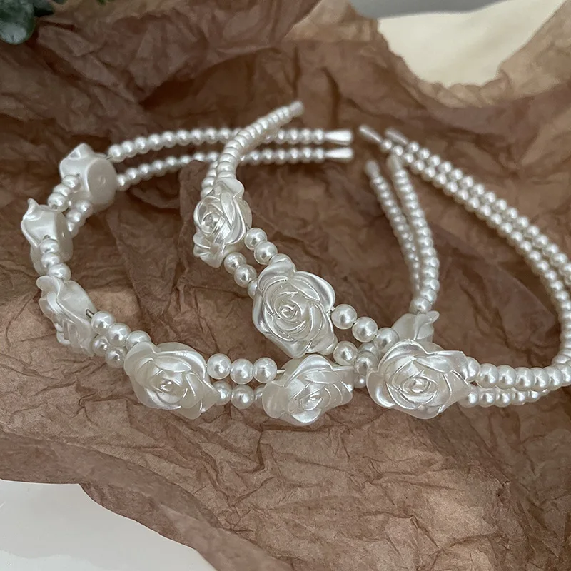

Retro rose pearl hairband Korea double outside headband French sweet lovely hair hoop accessories headbands for women designer