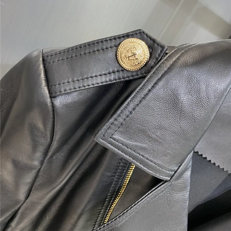Brand Design Women Autumn Black Genuine Leather Jackets Zipper Basic Coat Double Breasted Sheepskin Motor Biker Jacket With Belt