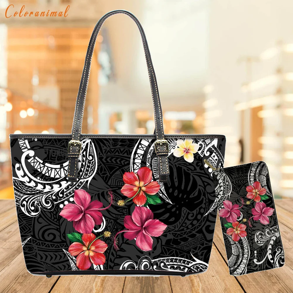 

Coloranimal Tribal Style Women's Big Shoulder Bag Polynesian Hibiscus Plumeria Printed Female Handbag PU Leather Tote Bag