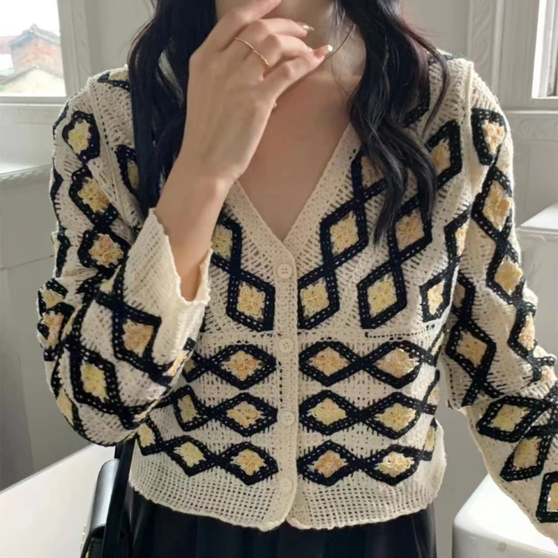 

Womens Knitted Long Sleeve Crop Tops Casual Loose Button Down CardiganBlouse