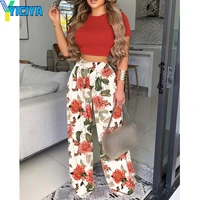 yiciya 2022 tracksuit female set red printed short sleeve crop top and check print wide leg pants leisure two piece set summer