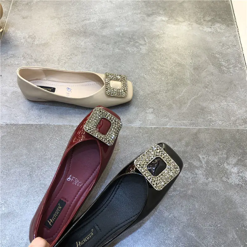 Square Toe Flat Shoes Women Shallow Mouth Patent Leather Rhinestone Square Buckle  Ladies Shoes Spring 2023 New Zapatos De Muje