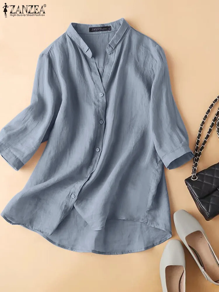 

2023 ZANZEA Summer Blouse Fashion Women Lapel Neck 3/4 Sleeve Solid Shirt Causal Loose Cotton Blusas Female Buttons Down Tops