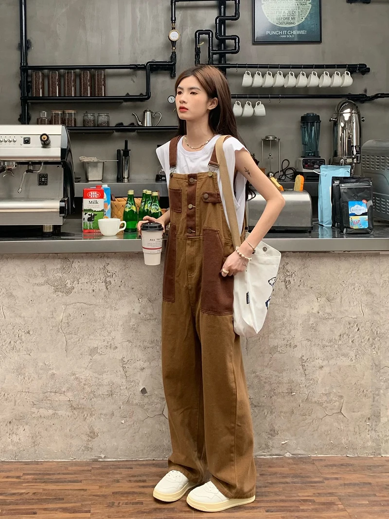 

Women Suspender Rompers Overalls 2022 Vintage Hit Color Jumpsuits Playsuits Long Pockets Wide Leg Pants Combinaison Oversize