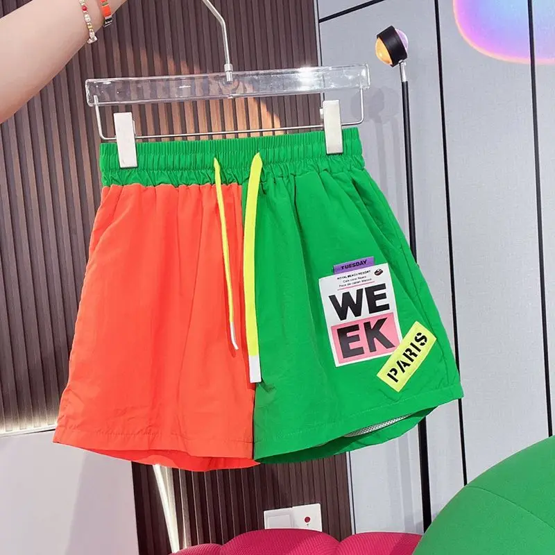 Summer Sports Shorts Women New Fashion Splicing Contrast Color Loose Quick Drying Shorts Simple Casual All Match Shorts