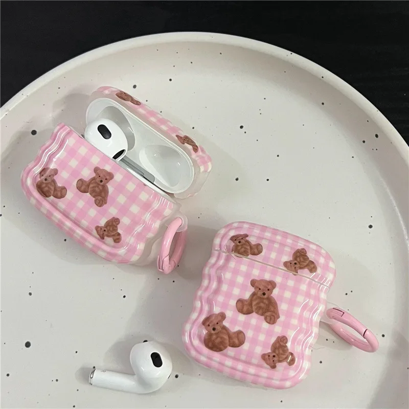 

Ins Pink Plaid Teddy Bear Earphone Cover for Apple Airpods Pro 3 Case for Airpods 3 3rd Generation Air Pod 2 1 Case