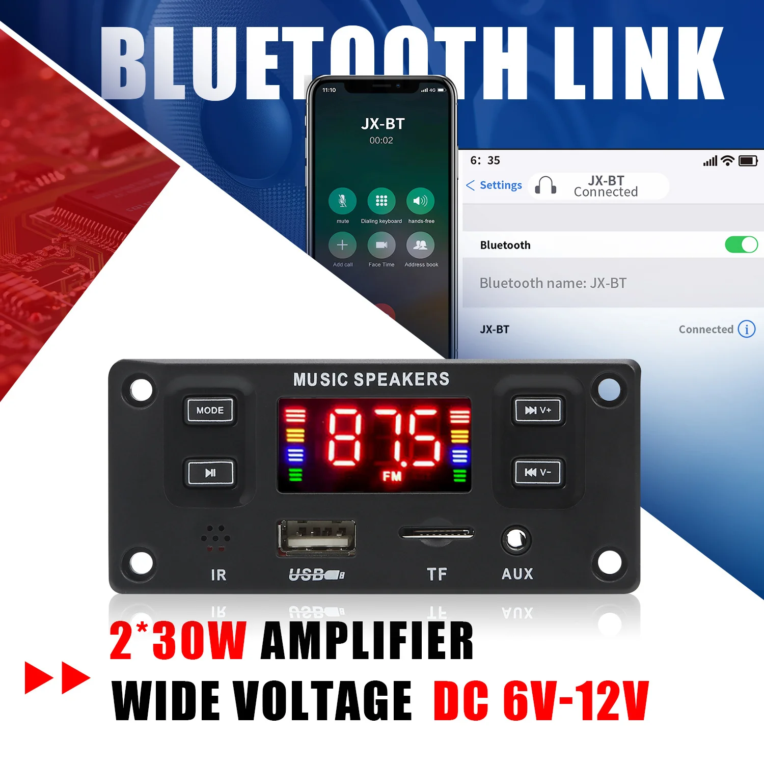 2*30 Вт 60 усилитель автомобильного аудио USB TF FM-радио AUX модуль Bluetooth 5 0 12 В MP3 WMA